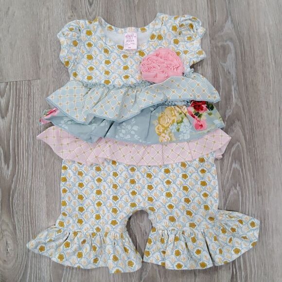 GIGGLE MOON 6M Pink & Blue Floral Ruffle Romper - Picture 1 of 4